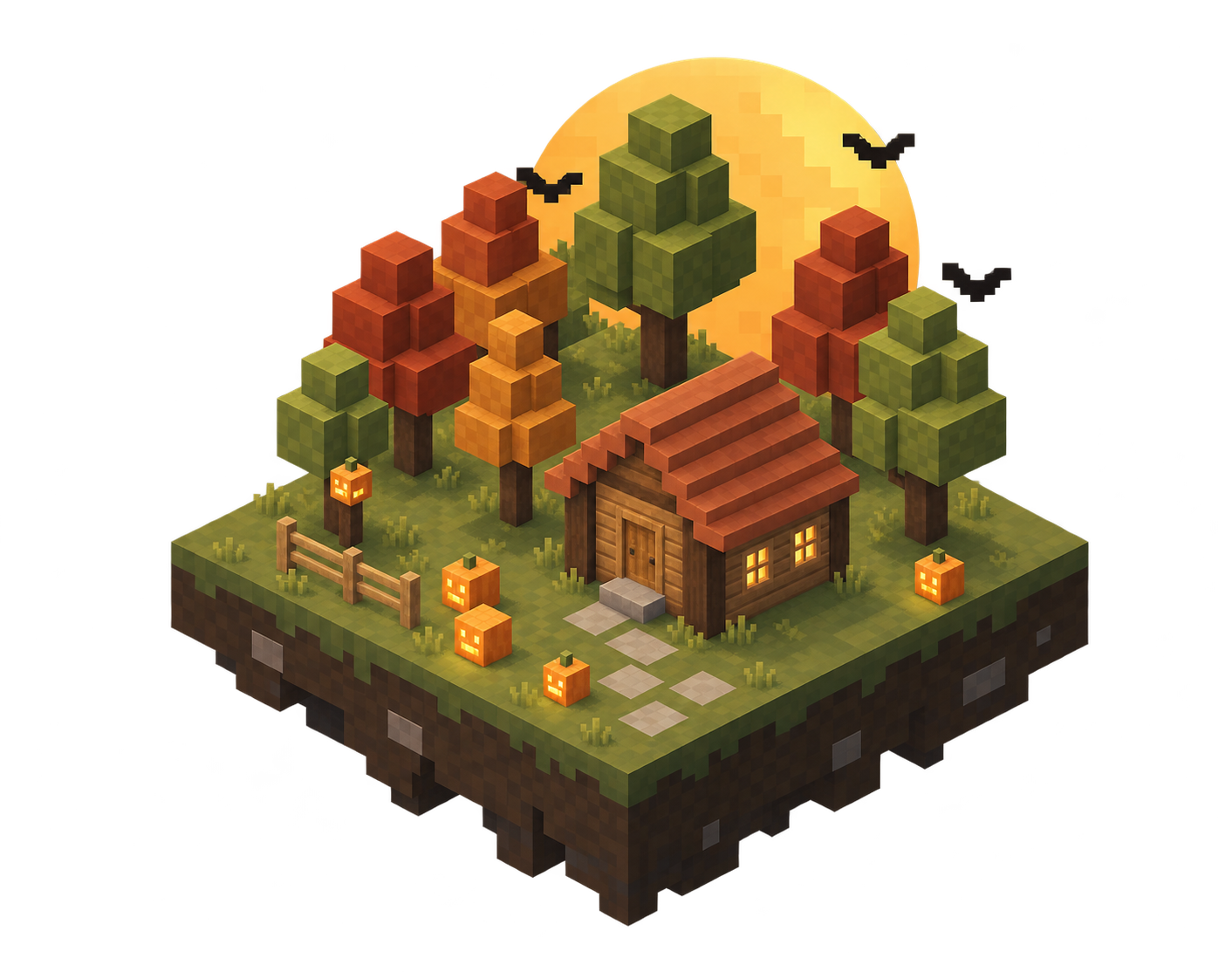 A blocky autumn forest with glowing pumpkins, a tiny cabin, and a moon above the mountains.